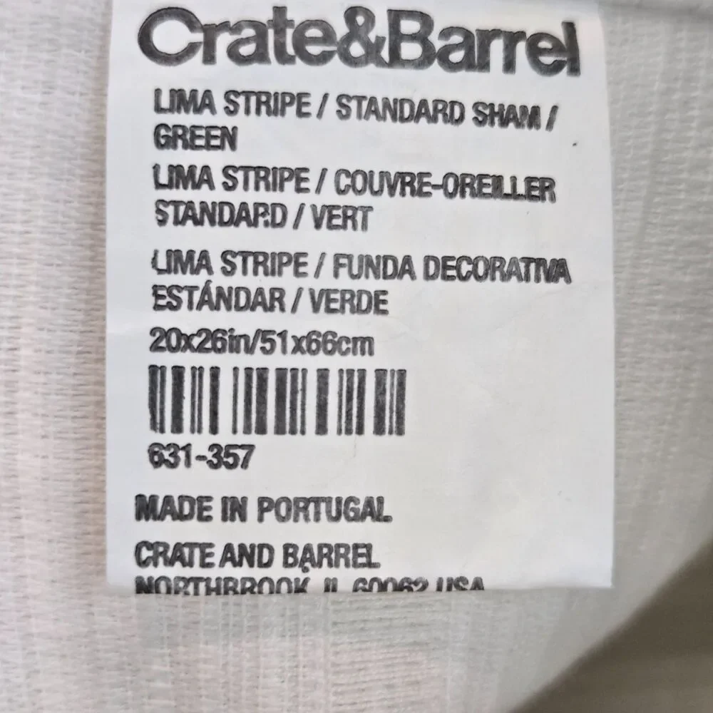 2 CRATE & BARREL Standard Sham Pillowcase Lima Stripe Green Texture Cotton 20x26